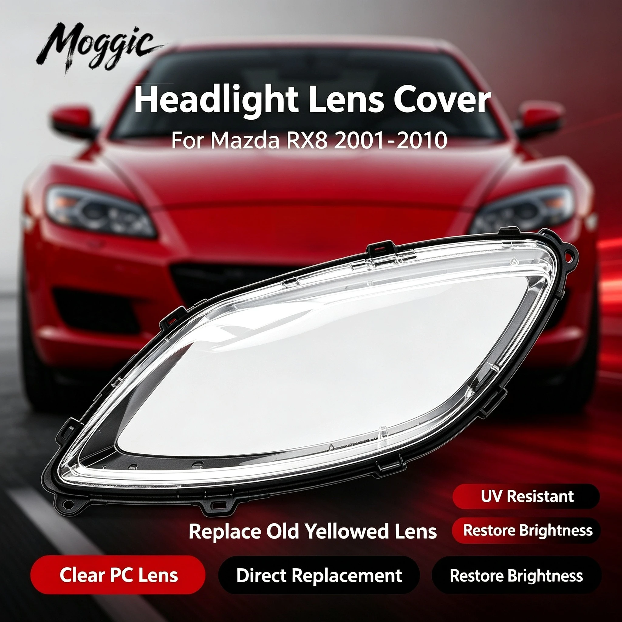 Moggic Headlight Lens Cover For Mazda RX8 2001-2010 Left Right Optional Butyl Seal Glue Replacement Shell