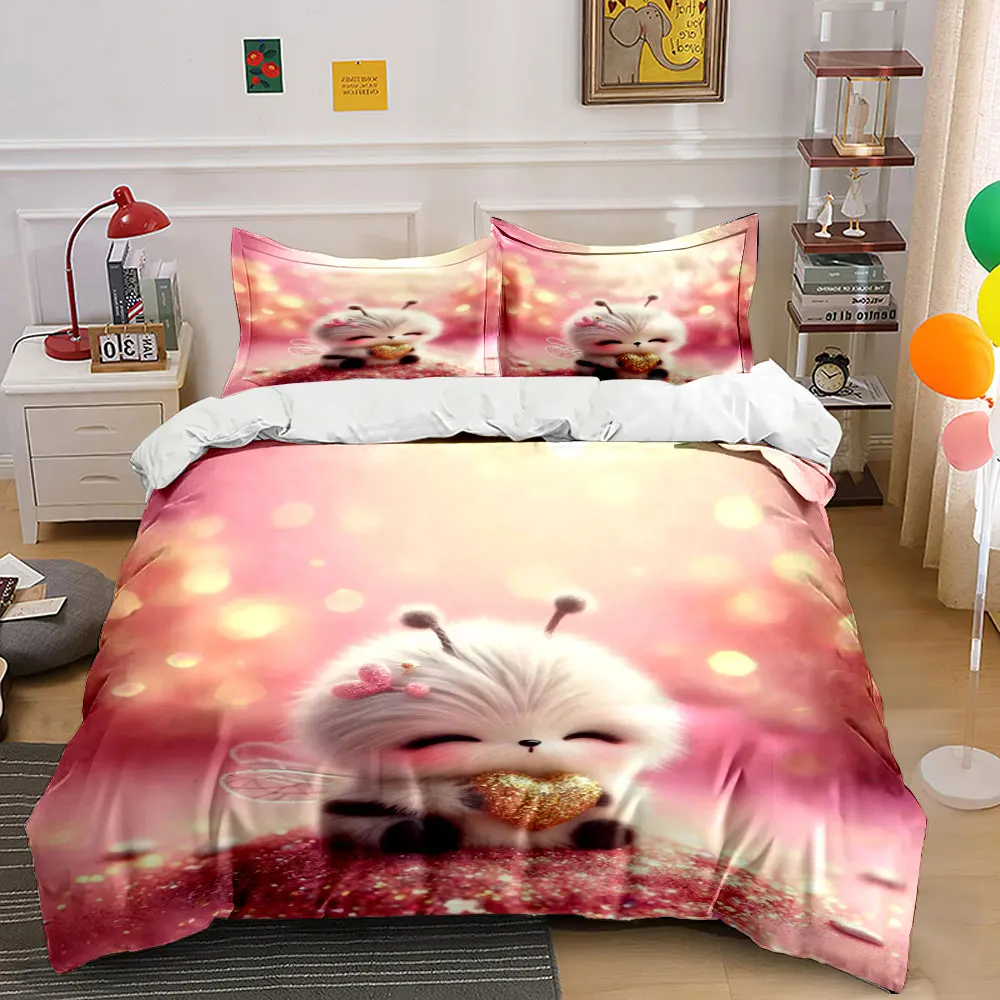 Adorable fluffy bee hugging golden heart Bedding Set for Kids Luxury Gift 3pcs Digital Print Comforter Set Soft Comfortable