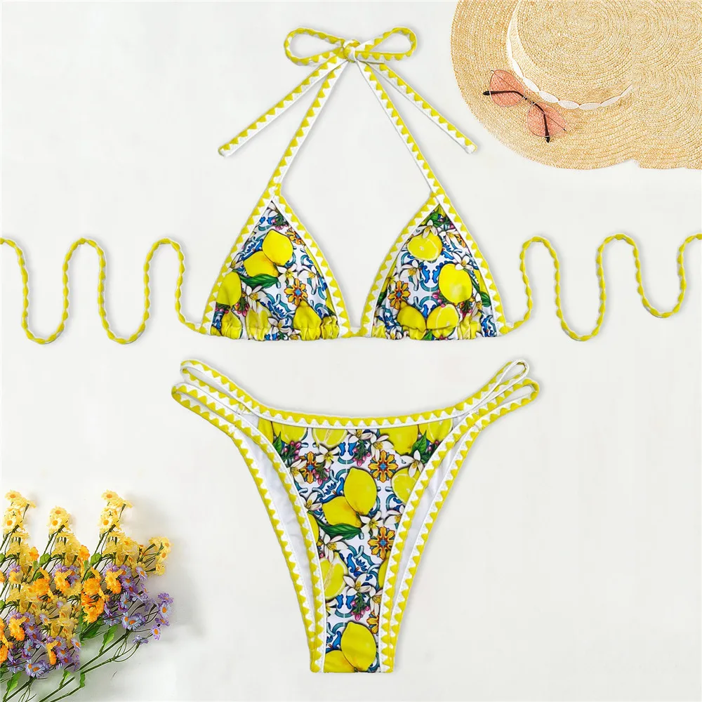 

Lemon Flower Print Swimwear Halter String Triangle Bikini Mini Micro Thong Sexy Swimsuit Women 2026 Bather Bikinis Sets De Mujer