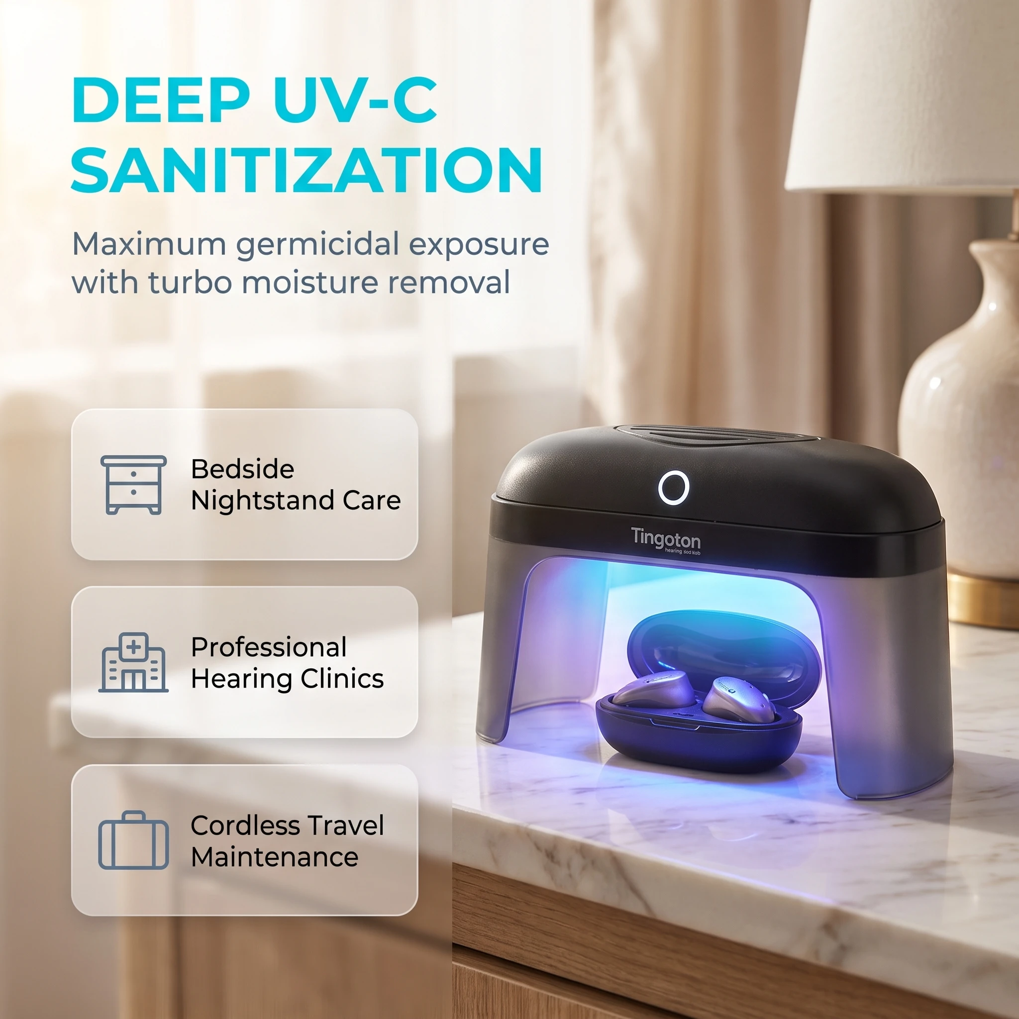 Portable UV Hearing Aid Dryer Automatic Timing Heating Efficient Sweat Moisture Removal & Amplifier Daily Maintenance