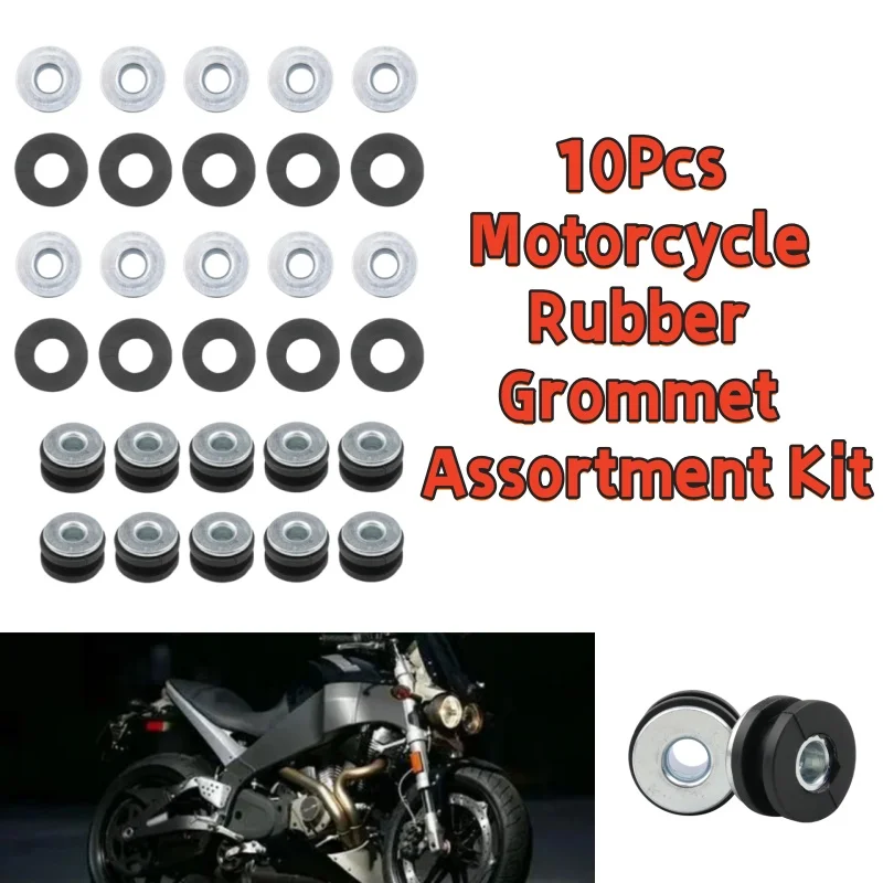 10Pcs Motorcycle Rubber Grommet Assortment Kit, Fairing Bolt Pressure Relief Cushion, Shock Buffer Washer & Bushing Replacement