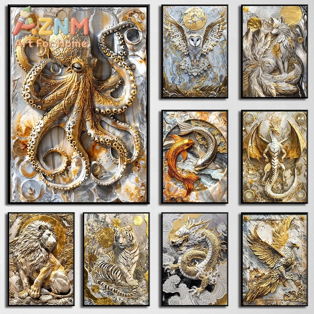 Precious Metal Abstract Art Animals Elegant Tiger Octopus Dragon Posters Prints Canvas Painting Modern Gold Art Mural Home Decor