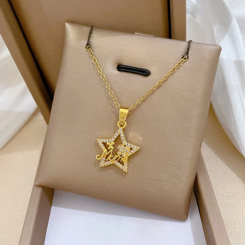 Mama in Shiny Zircon Star Pendant Necklaces for Women Stainless Steel Chain Necklace Jewelry Birthday Gifts for Mother