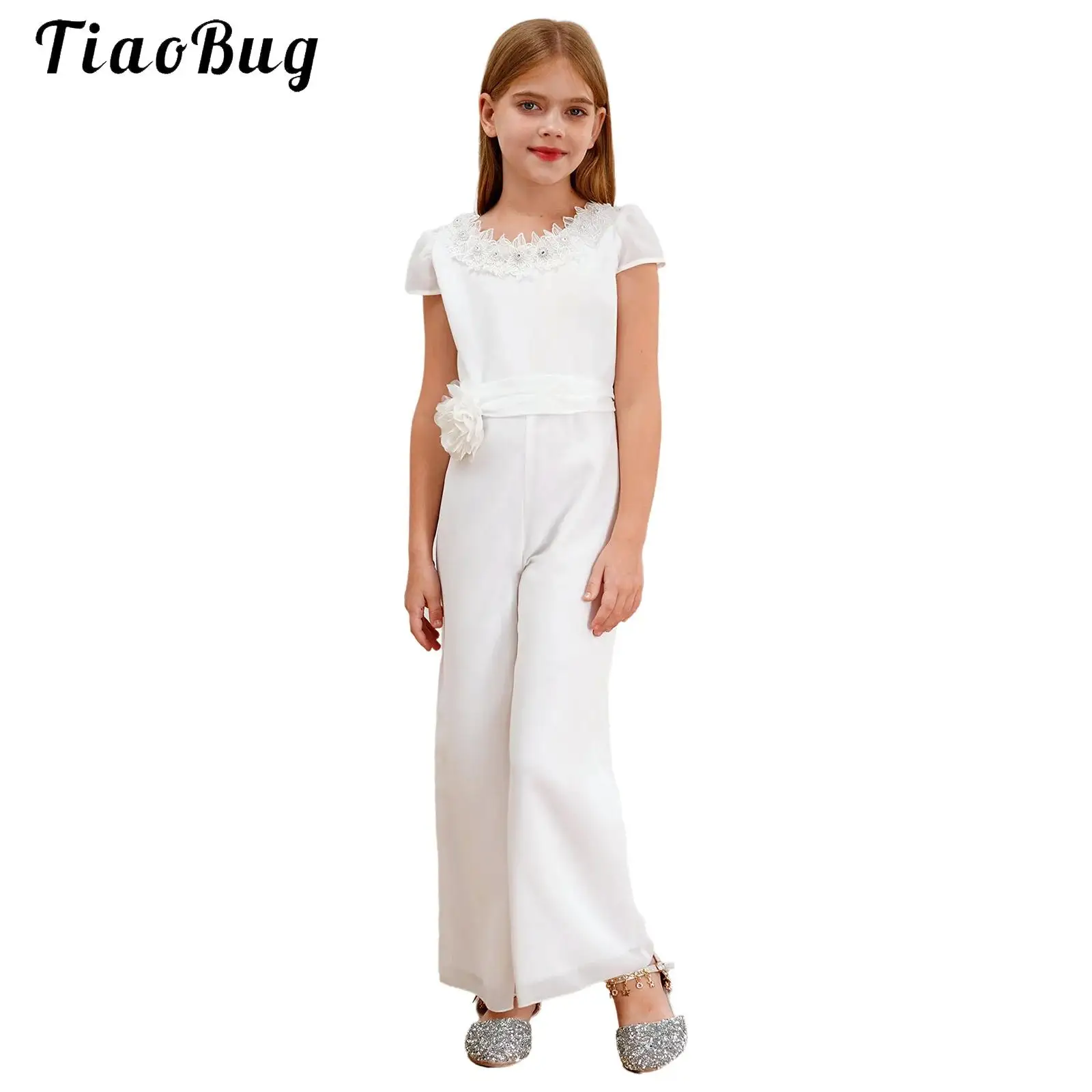 

Kids Girls Sweet Party Bodysuit White 3D Applique Flower Jumpsuit Overlay Wide Leg Pants Rompers for Evening Birthday Wedding