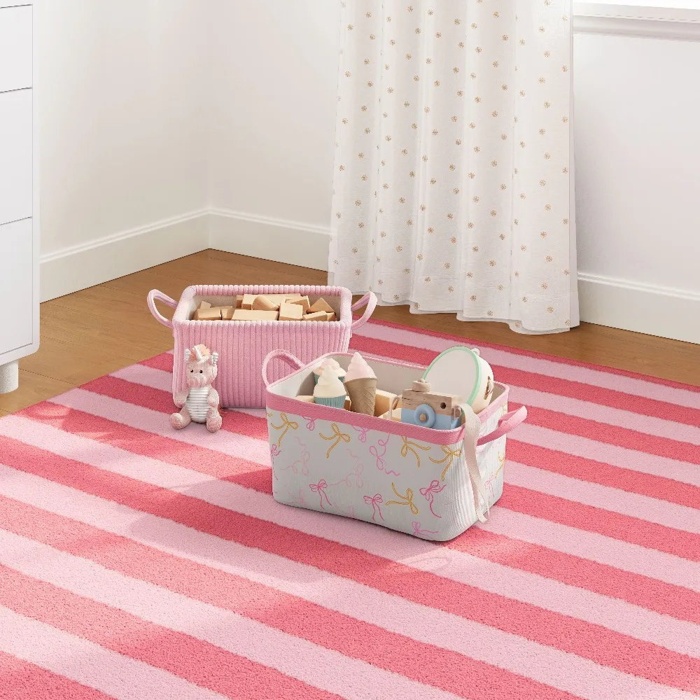 Medium Canvas Storage Basket with Handles, Pink Bows, Decorative Woven Bin for Organizing Toys, Clothes, Blankets, Home Decor, Durable Cotton Rope Basket for Shelves, Closet, Nursery
