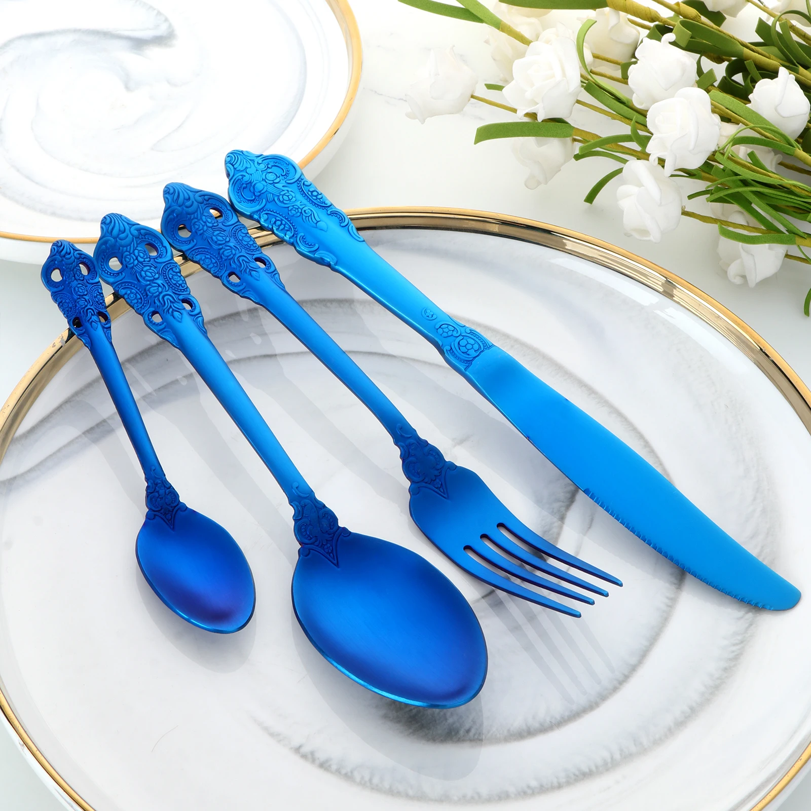 

16Pcs Stainless Steel Cutlery Set Retro Vintage Metal Food Knife Salad Fork Soup Spoon teaspoon kit Kitchen Flatware in bluk