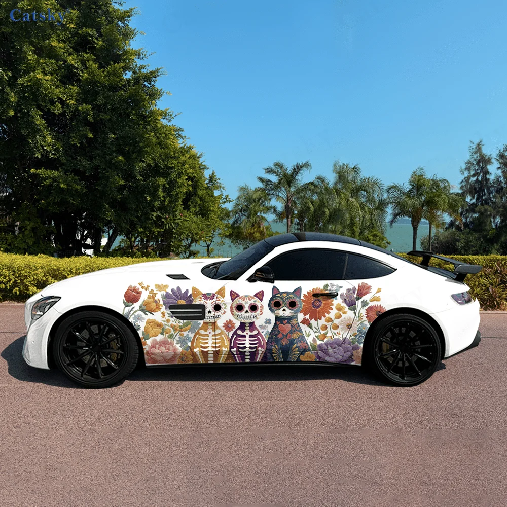 

Colorful Skeleton Cat Flower Car Vinyl Wraps Decal Self-adhesive PVC Sticker Suitable for Trucks SUV Decor Auto Accessories Gift