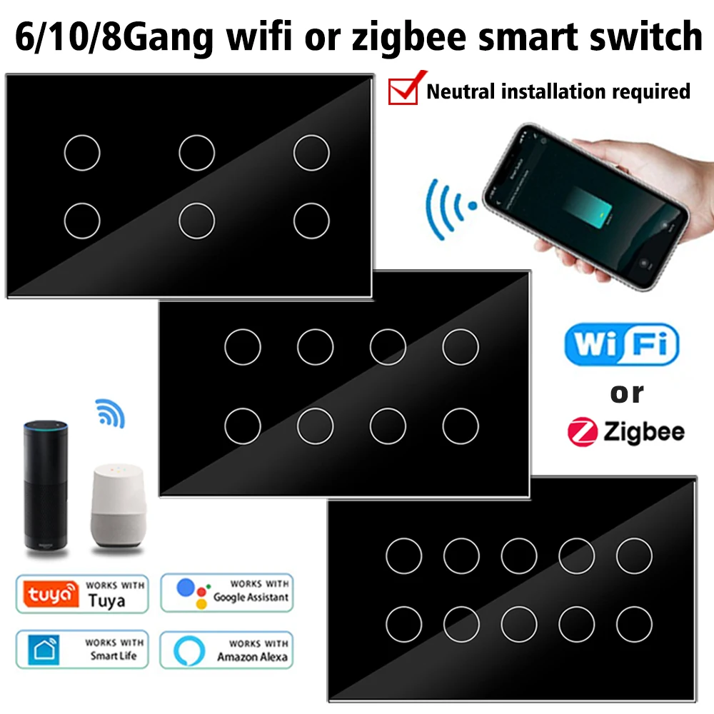 

10Gang wifi or zigbee Smart Touch Light Wall Switch Glass Panel Tuya App whole house control Compatible with Alexa Google Home