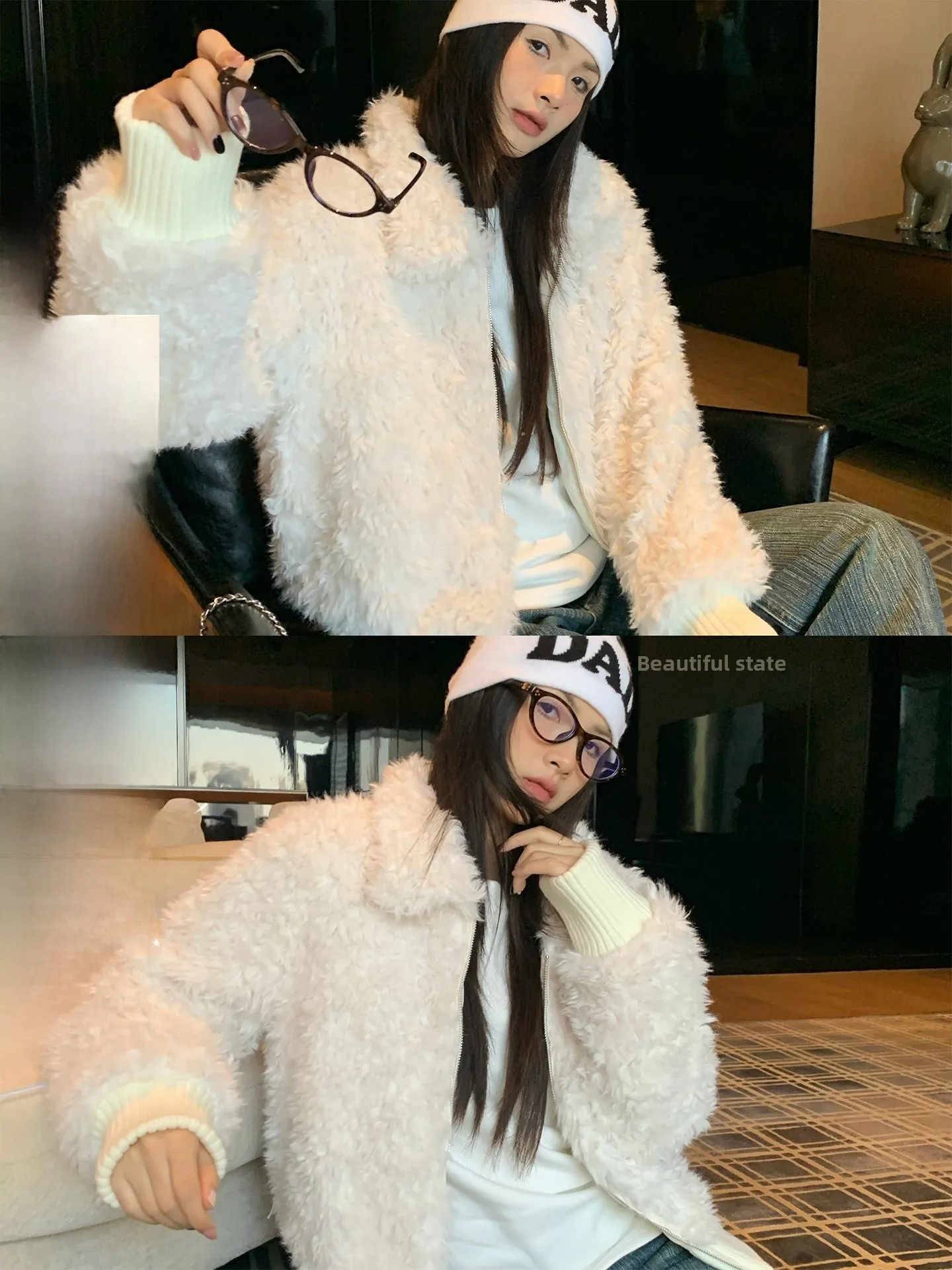 

Ele Winter ort Lamb Fur Jaet Women Loose Thi Plu Outerwear Polyester Fiber Long Sve Zipper Closure Coat