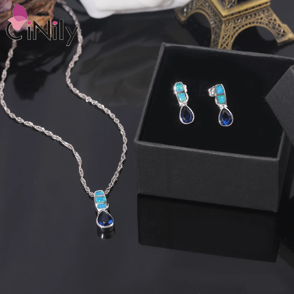 CiNily Created Blue Fire Opal Stud Earring with Blue Stone Silver Plated Pendant Necklace Wedding Designer Jewelry Set for Women