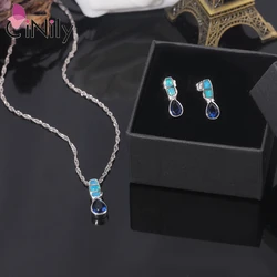 CiNily Created Blue Fire Opal Stud Earring with Blue Stone Silver Plated Pendant Necklace Wedding Designer Jewelry Set for Women