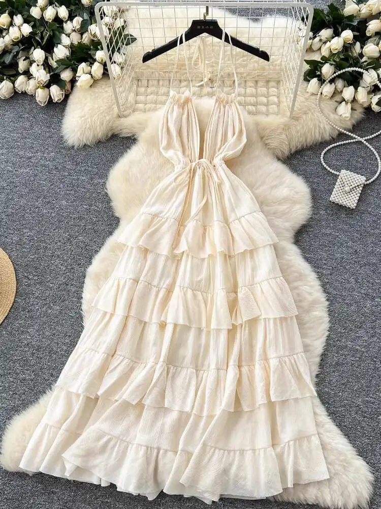 Women Beach Sexy Dress Summer V-neck Hanging Neck Ruffle Backless Long Dresses Ladies Slim A-line Layered Long Robe Vestidos