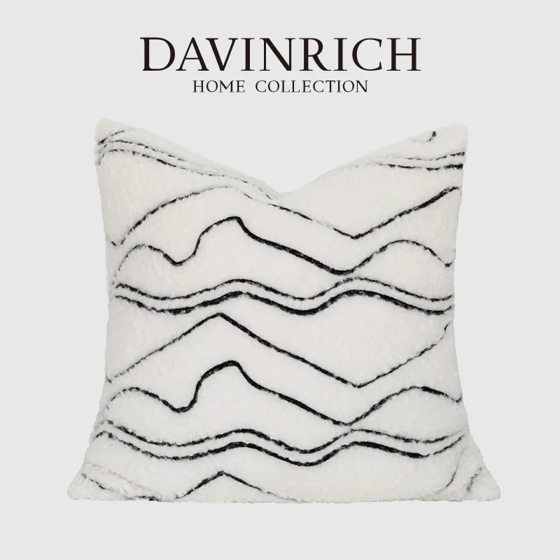 

DAVINRICH Modern Nordic Style Cushion Cover Abstract Geometric Black And White Lines Embroidery Lambswool Pillow Case Super Soft