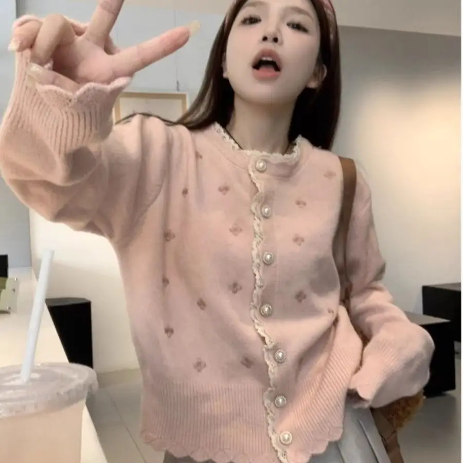 

Korea Sweet Embroidered Lace-Edged Sweater Jacket Women'S Spring Autumn New Loose Short Long-Sleeved Knitted Cardigan