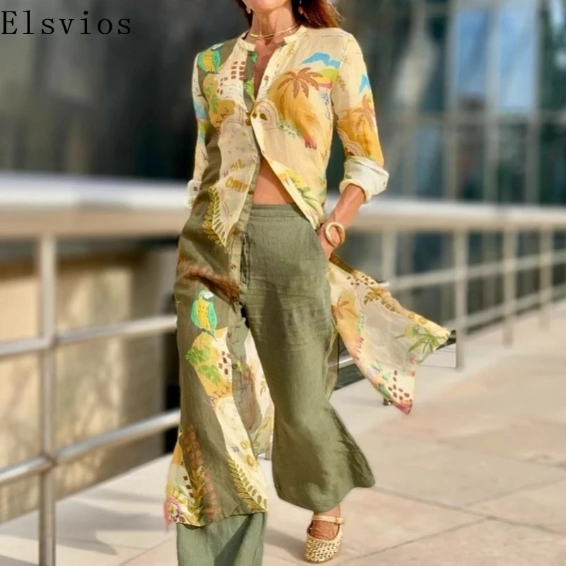 

Women Long Sleeved All Match Temperament Blouse Elegant Single Breasted Long Cardigan Casual Tropical Plant Loose Bohemian Tees