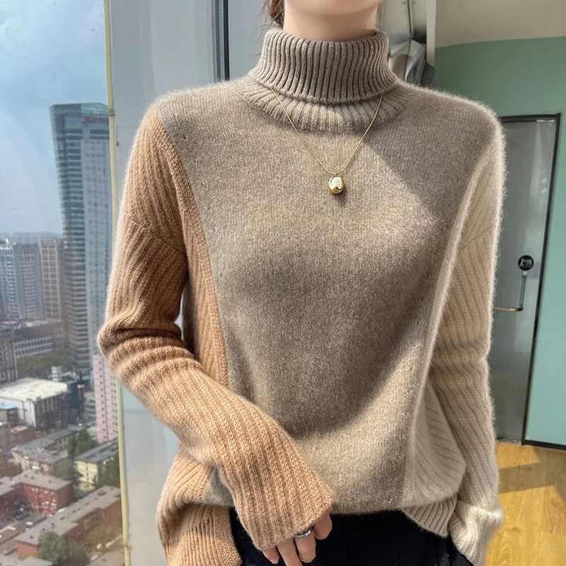 Autumn/Winter New Cashmere Sweater Women's Clothing Lapel Pullover Knitted Contrasting Base Sweater Fashion Korean Warm Tops