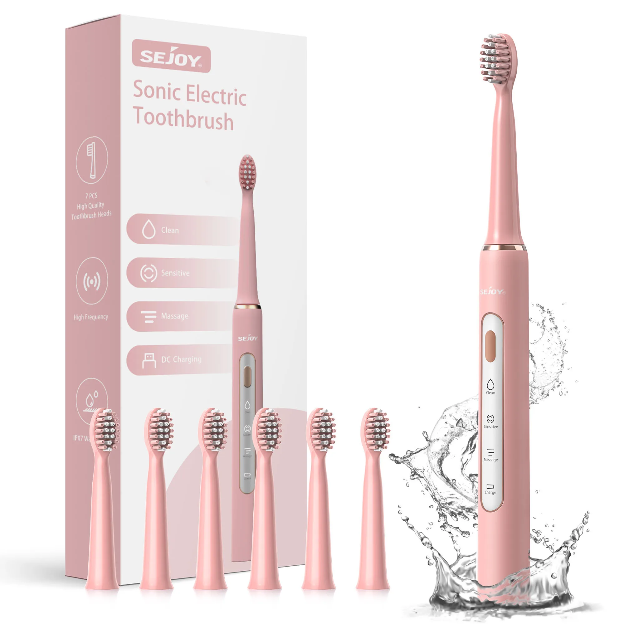 Brosse à dents électrique sonique pour adultes 30000 VPM pour un nettoyage et un blanchiment en profondeur, 3 modes 7 têtes de brosse à dents pour la famille à domicile, rose