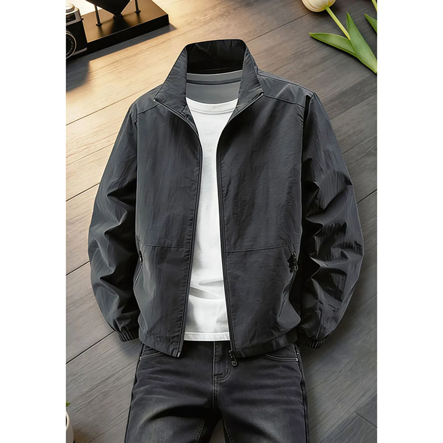 Casual American Style Men's Jacket Spring Autumn Stand Collar Windproof Commuter Pilot Fashionable Composite Fabric Coat