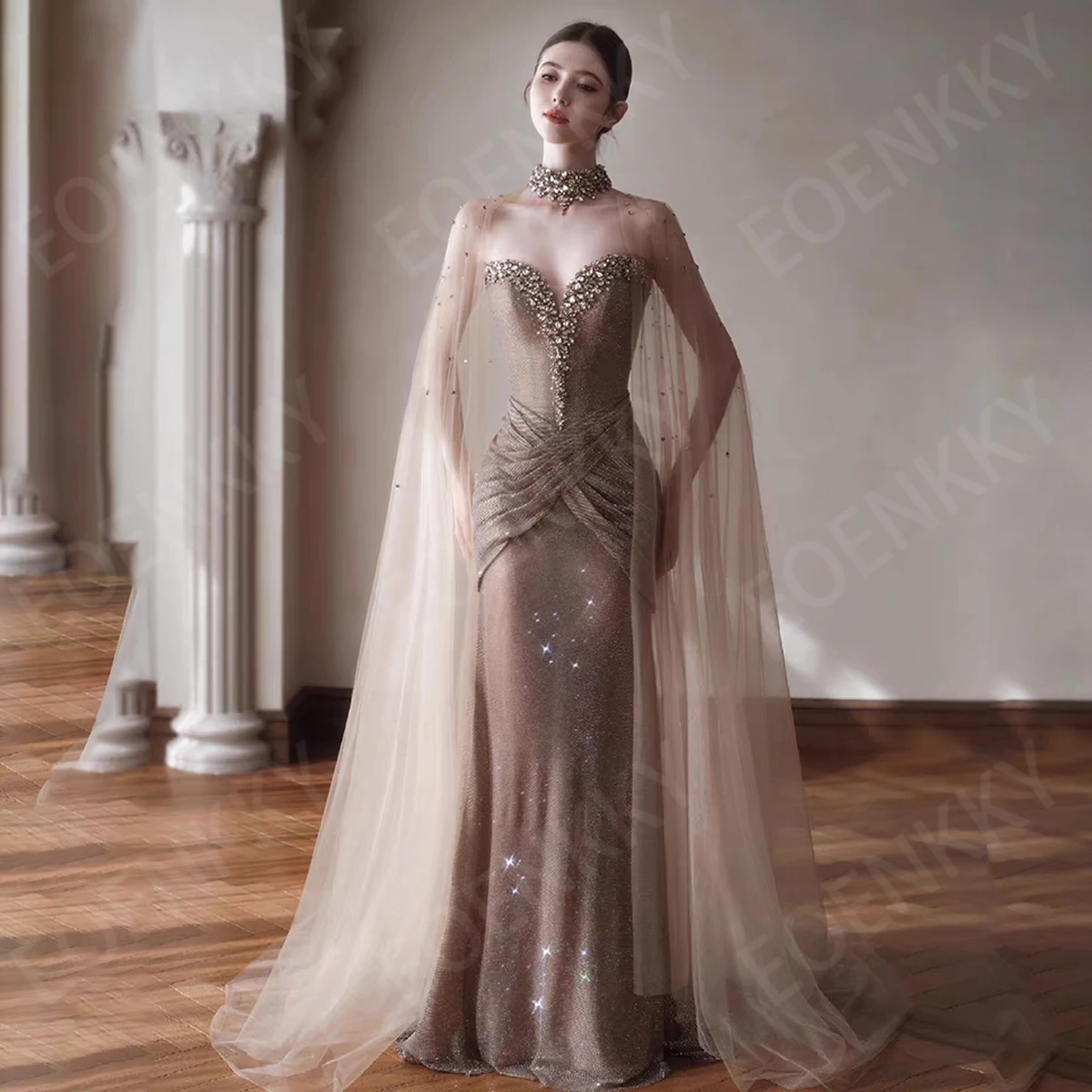 EOENKKY 럭셔리 크리스탈 머메이드 이브닝 드레스 숄 튤 스파클리 스위트하트 프롬 드레스 맞춤 제작된 고급 이브닝 드레스 2026고급스러운 크리스탈 인조 저녁 드레스와 샤울 샤울 주주주문을 받아서 만들어진 주주문을 받아서 만들어진 스파클리 사랑스러운 귀여운 prom 드레스