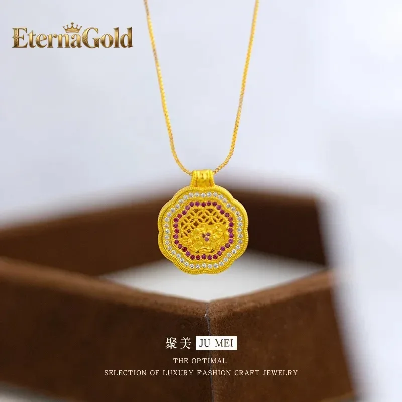 EternaGold New Chinese 9999 24K real gold light luxury hollow filigree peony pendant for women's dot diamond red zircon pendant
