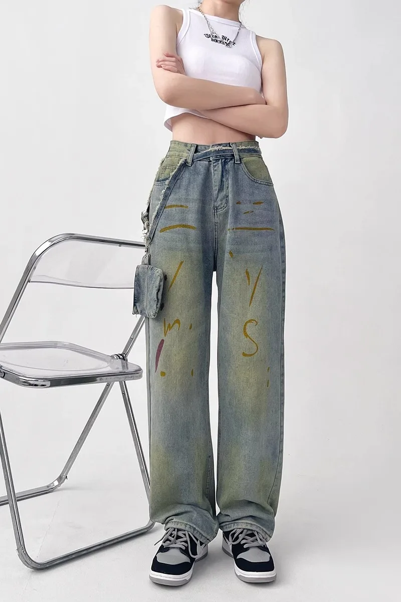 

Splash-ink Print Straight Jeans Pants 2023 Summer Women Casual Baggy Y2K Wide Leg Grunge Streetwear Denim Trouser