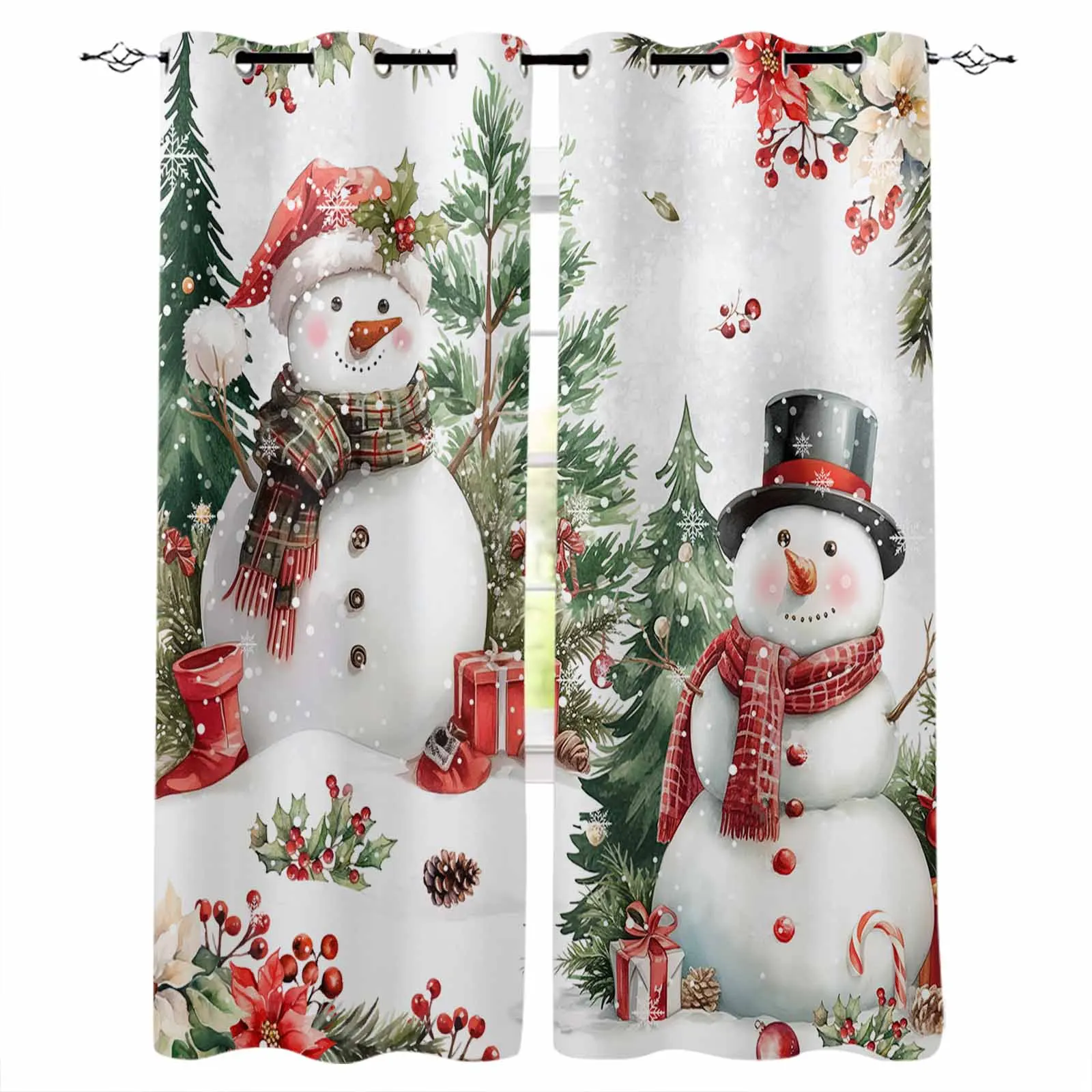 

Christmas Winter Snowman Tree Poinsettia Curtains For Kitchen Bedroom Window Treatment Curtains For Living Room Home Decor