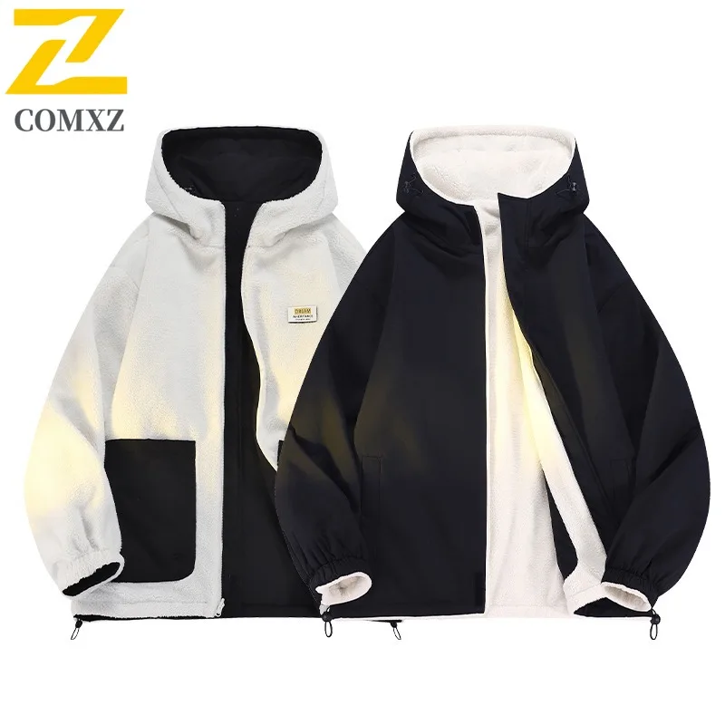 COMXZ 2025 Mens Reversible Sherpa Lined Winter Jacket Hooded Unisex Cotton Coat Fashion Casual Warm Outwear for Teens Adults