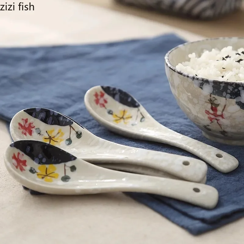 

Vintage Ceramic Rice Spoon Creative Hand Drawn Soup Spoons Underglaze Colored Japanese Tableware Household Kitchen Tools