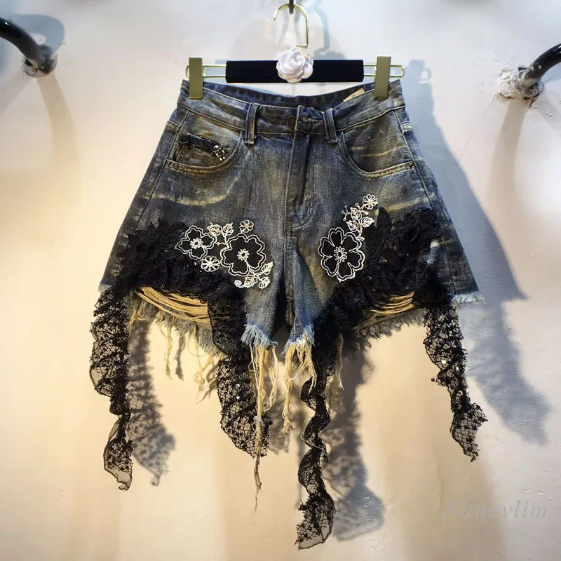 

2025 Summer Clothing, European Products, New Splicing Embroidered Sequins Lace High Waist Skinny Burrs Denim Shorts for Women