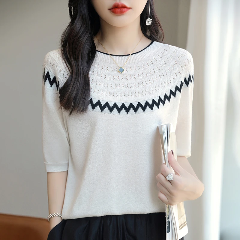 

Summer short sleeved women's round neck pullover vest, spun wool knitted sweater T-shirt, thin jacquard top, casual loose vest