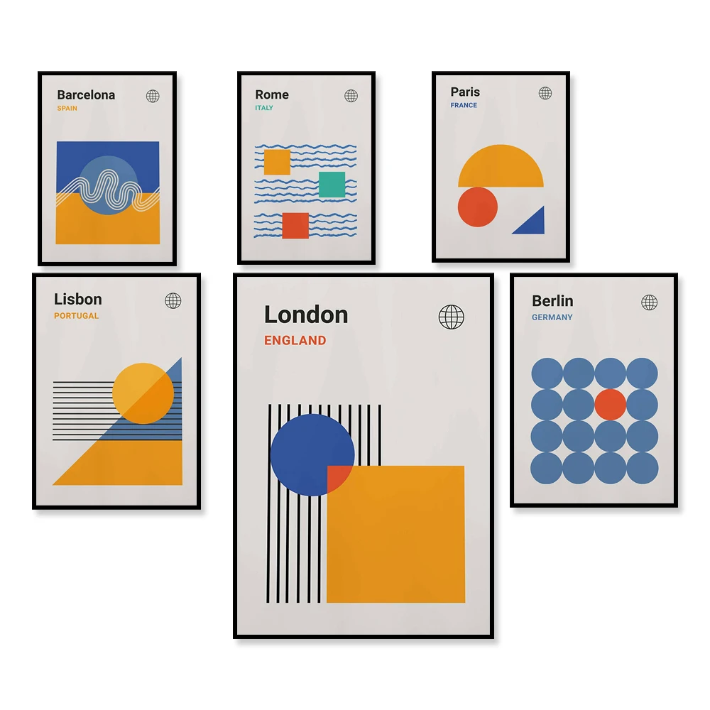 

Reykjavik, London, Barcelona, Rio de Janeiro, Brazil, Berlin, Paris, Rome, Italy, Lisbon Bauhaus mid-century modern travel poste