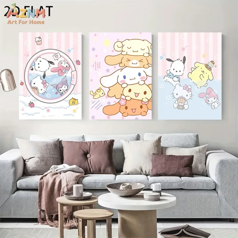 Unframed Sanrio Characters Canvas Wall Art Cinnamoroll Hello Kitty Kuromi Pochacco Pompompurin Stacked Cute Cartoon Poster Girls
