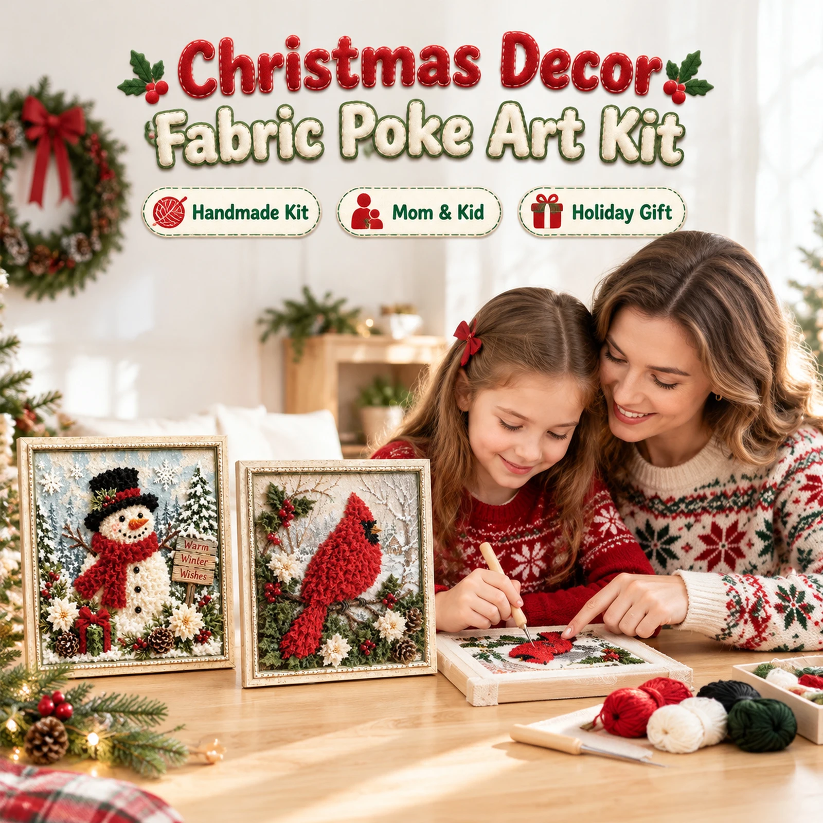 Christmas 3D Fabric Poke Art DIY Kit Vintage Handmade Craft Kit with Pre-Cut Squares Christmas Element Hand‑poking Holiday Gifts
