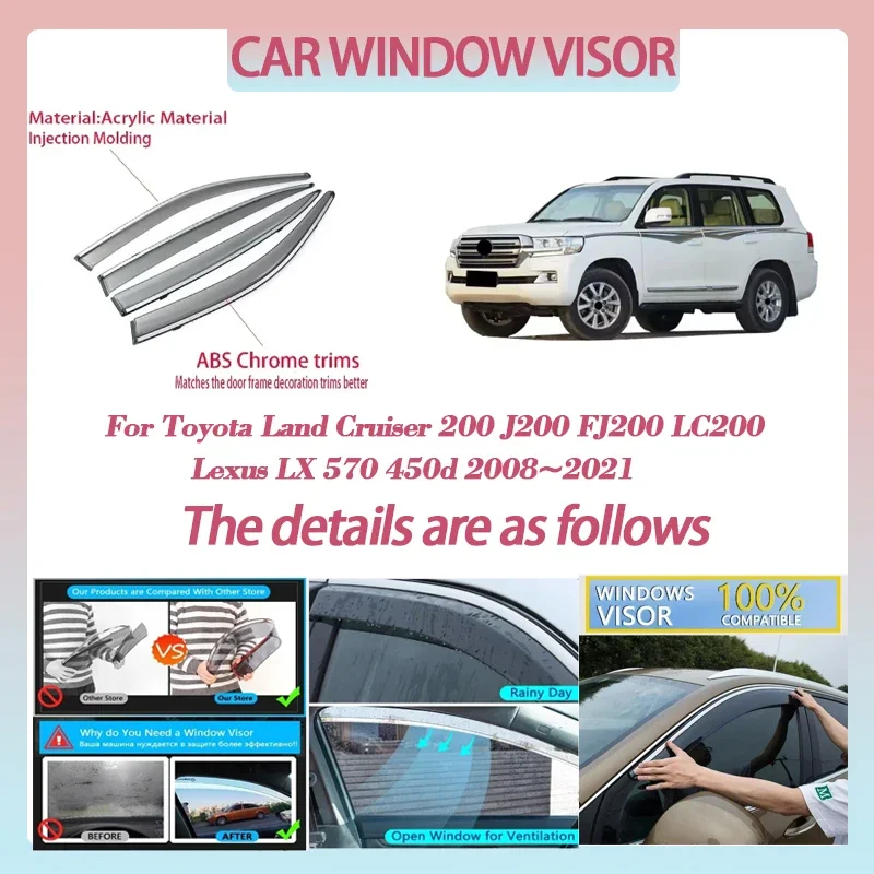 Car Window Visor for Toyota Land Cruiser 200 J200 FJ200 LC200 Lexus LX 570 450d 2008~2021 Vent Awning Rain Deflector Auto Parts