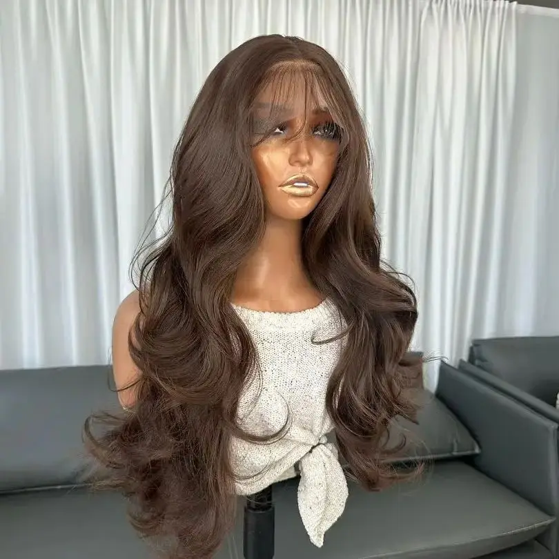 Pelucas de pelo sintético ondulado largo para mujeres negras con pelo de bebé, línea de cabello prearrancado, color marrón castaño, Rubio, sin pegamento