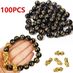 50/100pcs Buddha Charms Beads Black Golden Color with Carving Gold Dragon Chinese Pixiu Bracelet DIY Beads for Jewelry Making