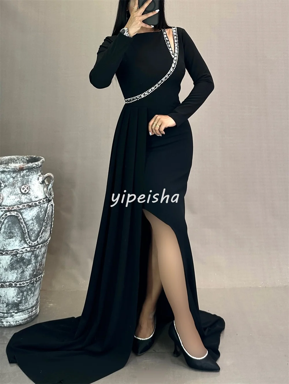 Customized High Quality Classic Jersey Rhinestone Pleat Mermaid Scoop Neck Long Dresses Bespoke Occasion Dresses Matching Sexy