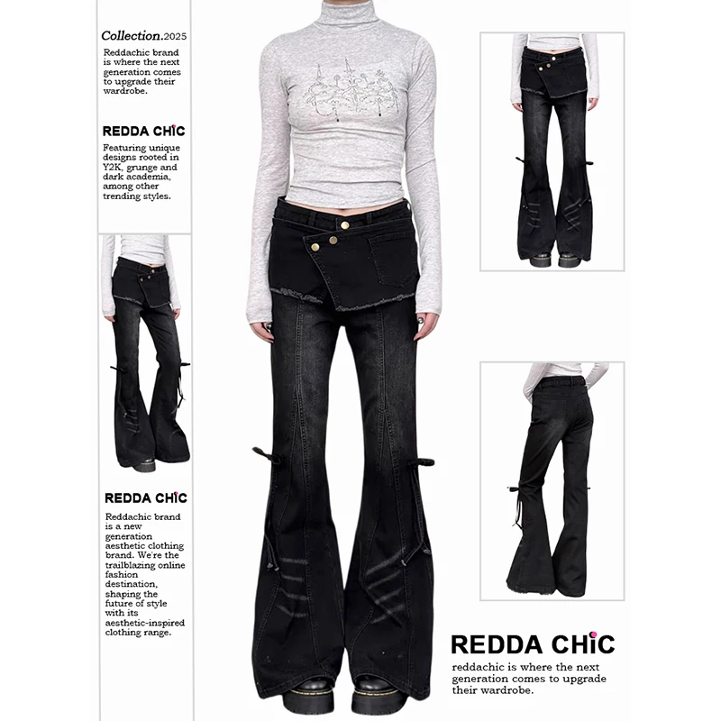 

ReddaChic расклешенные джинсы с запахом для женщин, черные винтажные потертые усы, облегающие эластичные брюки с низкой талией, уличная одежда в стиле гранж