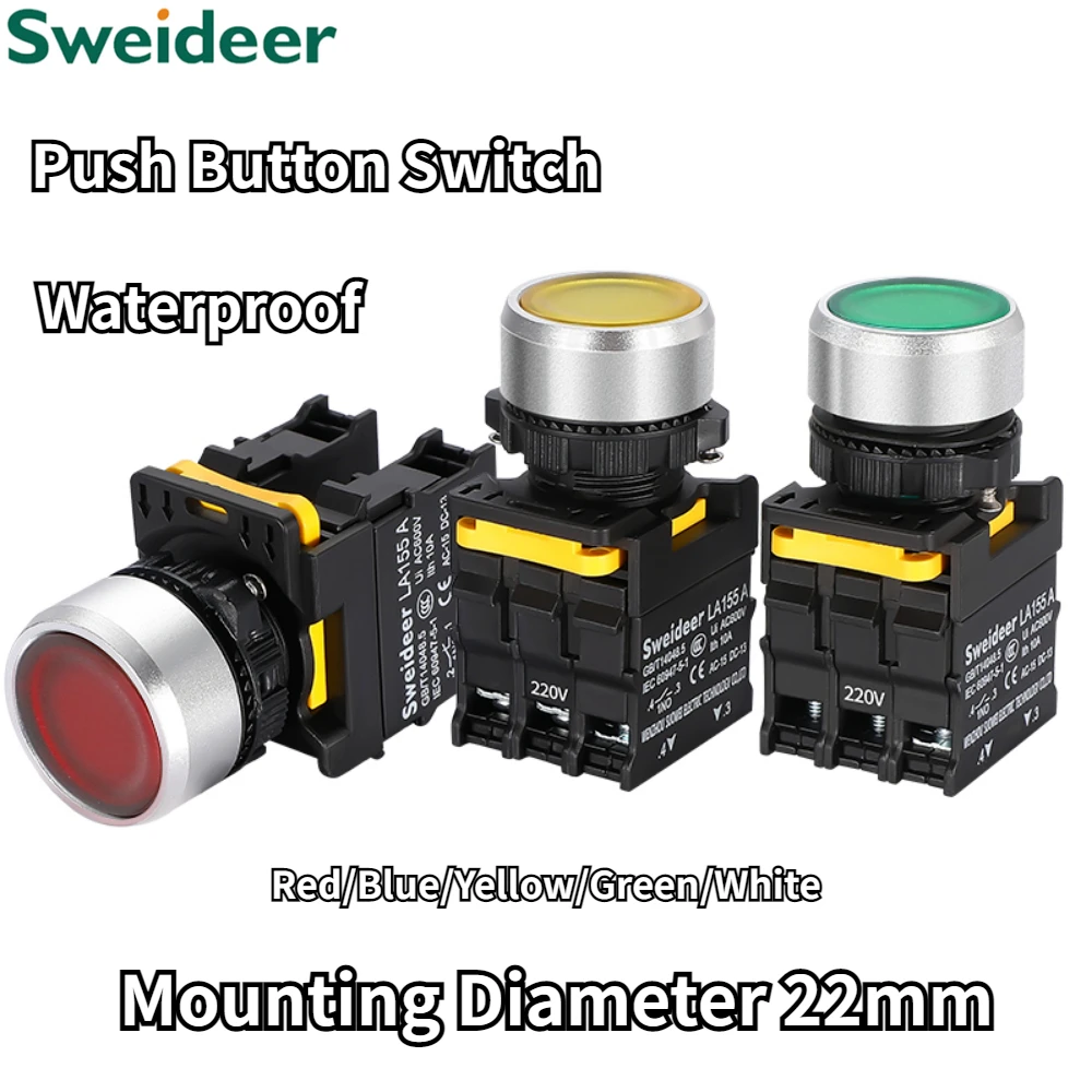 Push Button on Off Switch with LED 22mm Momentary Reset Self Locking Waterproof  Power Switch with Light 12V 24V 220V 10A 1NO2NC