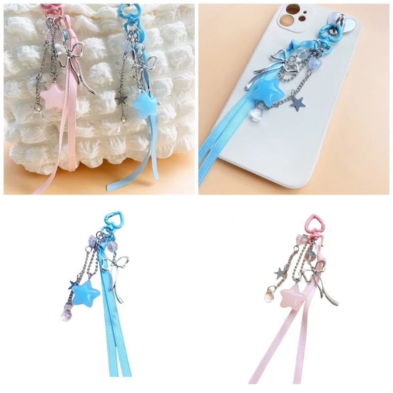 Porte-clés à nœud en avec pendentif étoile, accessoire doux pour fille, porte-clés à pour toute