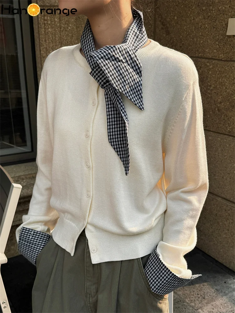 

HanOrange 2026, ранняя весна, модный вязаный шерстяной кардиган в клетку с манжетами и воротником-завязкой, топ цвета слоновой кости/винно-красный/темно-синий