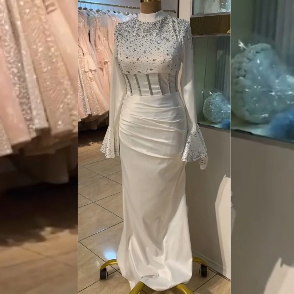 

Customized Exquisite High Quality Jersey Sequined Pleat Straight Collar Long Dresses Bespoke Occasion Retro