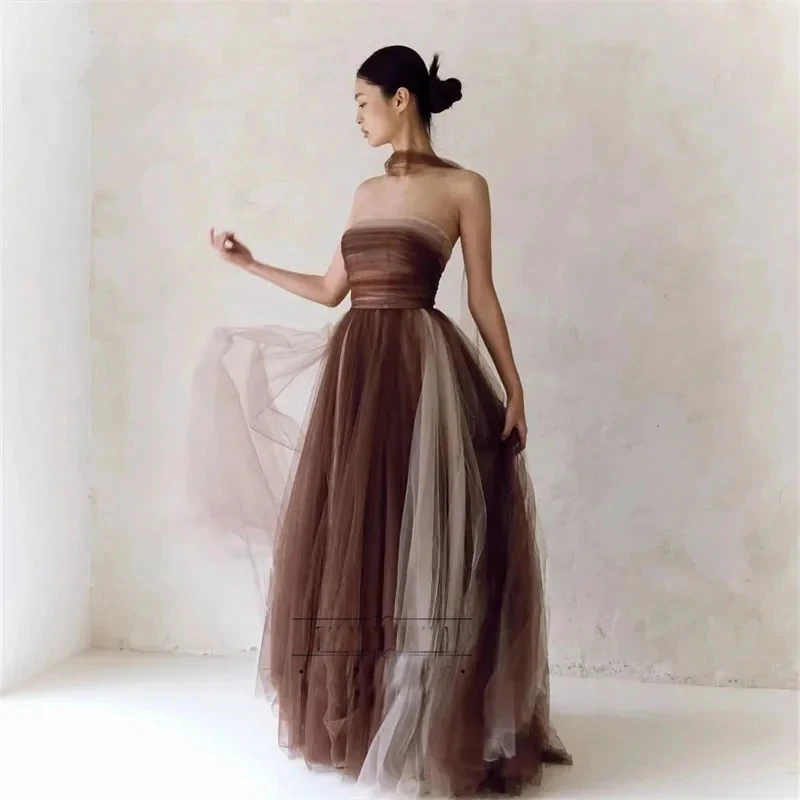 ML Contrast Color Korea A Line Evening Dresses Strapless Pleat Tulle Brown Wedding Party Dress Formal Photos Shoot Customized