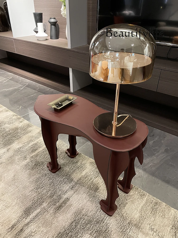 Italian-Style Light Luxury Saddle Leather Sofa Side Table Designer Model Creative Personality Stainless Steel Corner Table