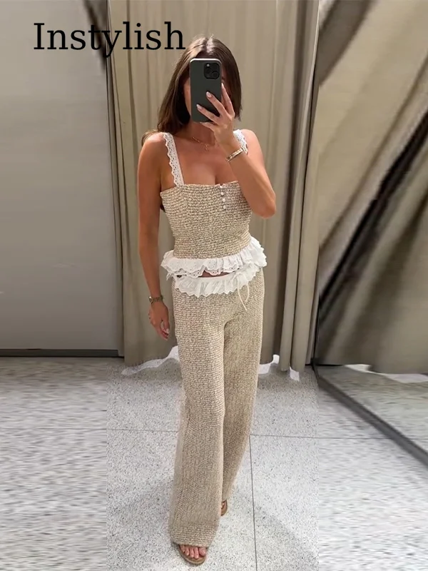 Elegant Women's Casual 2-Piece Set Spaghetti Strap Lace Cropped Top Wide Leg Pants Set New Spring Fashion Women's Daily Clothing