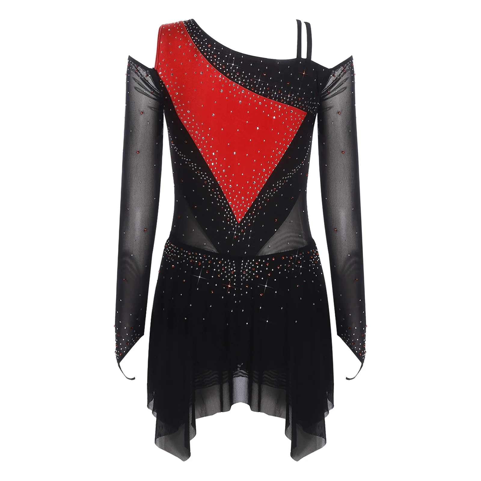 女性フィギュアスケートダンスドレス非対称ショルダー長袖不規則なティアードメッシュ裾レオタードドレス叙情的なダンスウェア