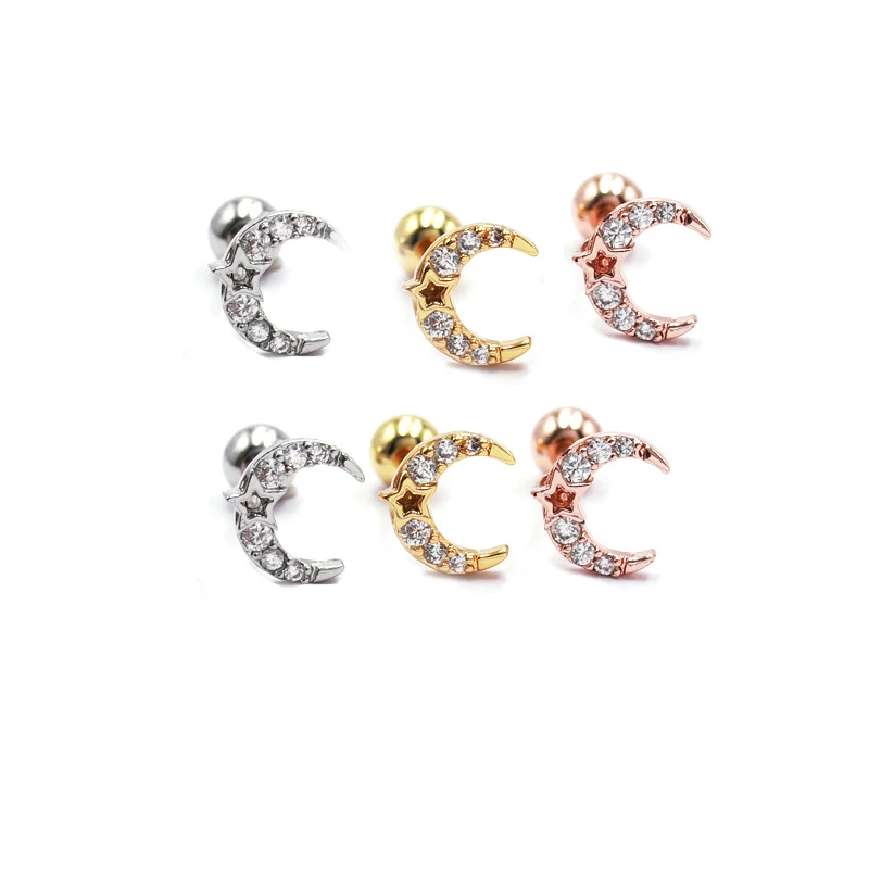 

Sweet Copper Shiny Round Zircon Star Moon Stud Earring Women Gold Color Helix Bar Ear Cartilage Piercing Cuff Wholesale
