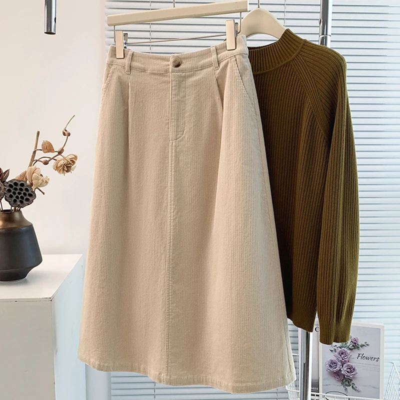 Gonna a trapezio in velluto a coste retrò caramello Gonna lunga in cotone elastico in vita con bottoni in puro colore autunno inverno da donna