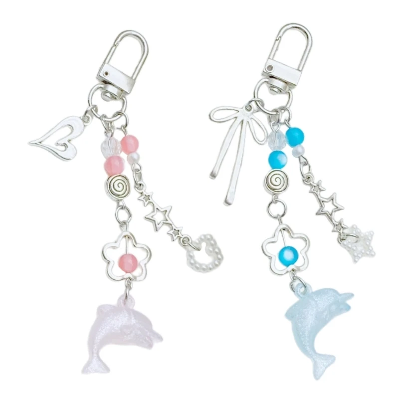 Dolphin Pendant Keychain with Heart Bowknot Charm Acrylic Beaded Keyring Fashionable Accessory for Keys and Bags