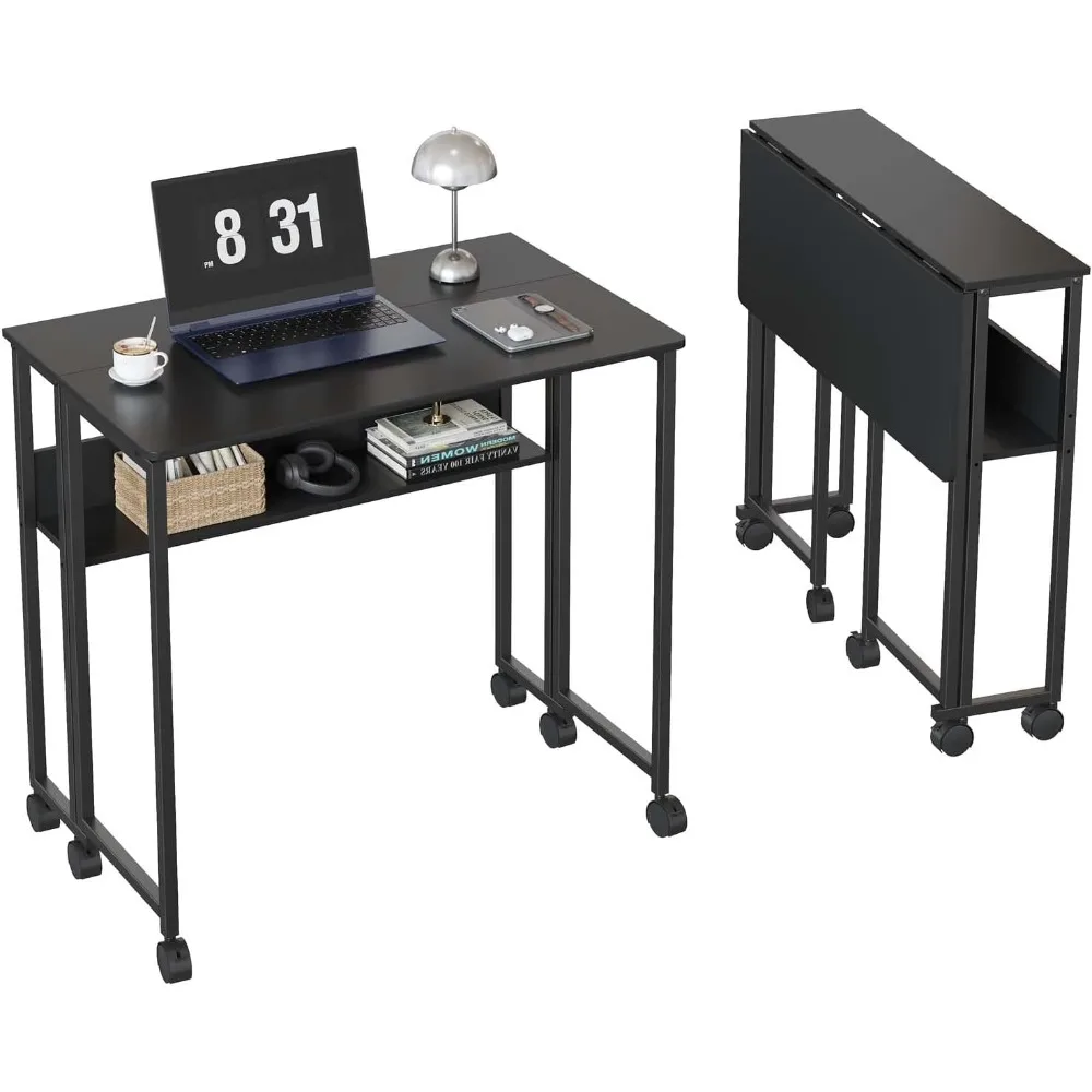 Shelf Small Foldable Computer Table with Wheels 24.8" Folding Rolling Desk Storage Brakes Portable Workstation for Home Office